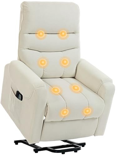 HOMCOM Sillón Relax Reclinable Eléctrico Levanta Personas, Sillón Elevador con 8 Puntos de Masaje, 2 Controles Remotos, Reposapiés, Tapizado en Pana, Acolchado Grueso, Bolsillo Lateral, Beige