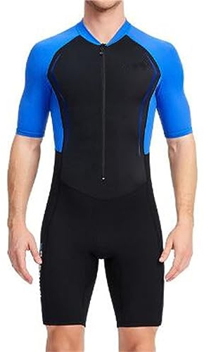 Maillots de Bain 1 Pièce Femme Maillot Bandeau Combinaisons pour Hommes 1.5Mm Néoprène Back Zip Shorty Costumes Adultes Canoë Snorkeling Combinaisons de Tankini Grande Taille Maillots (Blue,XXL)