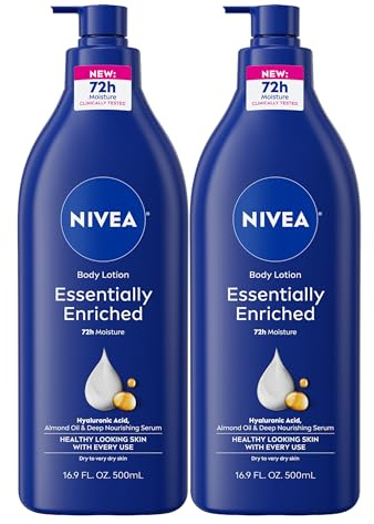 NIVEA Essentially Enriched Body Lotion for Very Dry Skin with Hyaluronic Acid, Almond Oil and Deep Nourishing Serum, 72-Hour Body Moisturizer, 16.9 Fl Oz Pump Bottle, Pack of 2