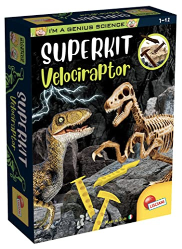 Lisciani - I'm a Genius - Superkit Velociraptor att Gräva Fram - Från 7 År | Paleontologiskt Vetenskapsspel - Block att Gräva i, Verktyg och Affisch - Gräv Fram och Bygg Skelettet - Guidat Steg för Steg