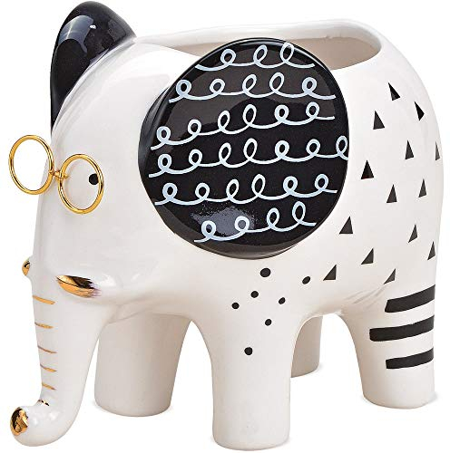 matches21 Blumentopf Elefant mit Brille Gold Pflanzgefäß Übertopf schwarz weiß Dekor modern Keramik 16x11x13 cm