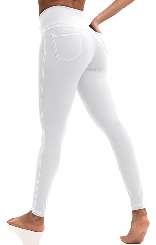VOOVEEYA Leggings for Women High Waist, Yoga Pants with Pockets Tummy Control Workout Pants Stretchy Jeggings（White L）