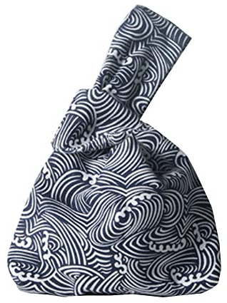 Tela di moda arte giapponese Kimono modello fatto a mano borsa da polso Tote borsa nodo borsa borsa portatile per le donne (surf 02), Blu, M