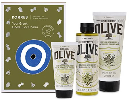 KORRES Body Care Collection, Pure Greek Olive Oil Shower Gel, Body Lotion and Hand Cream Moisturizer for Dry Skin, Moisturizing and Hydrating for Smooth, Supple Skin, Olive Blossom, 3 Piece Gift Set