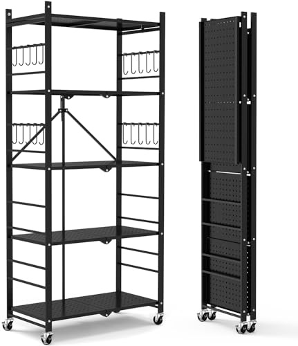 Himix Storage Shelves with 20 Hooks, 5-Tier Collapsible Organization Storage Rack Bookshelf Folding Pantry Shelves Cube Shelf Wire Shelving Holds 440 Ibs for Garage Kitchen Room, Black