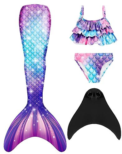 NAITOKE meerjungfrauenflosse mädchen Badeanzug - Meerjungfrau Flosse Bademode mit Bikini Set und Monoflosse Mermaid Tail, 4 Stück Set