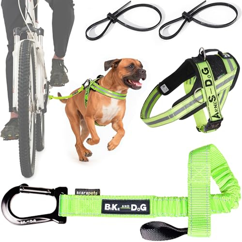 BIKE AND DOG - Dog leash and dog harness for bicycle, harness with side rings, includes 2 bicycle straps. Patented. (Yellow, Leash-harness M)
