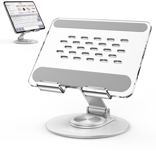MoKo Tablet Halterung, Verstellbarer iPad Ständer mit 360° Drehbarer Aluminiumbasis, Acryl Tablet Ständer für 4,7–12,9 Zoll Geräte wie iPad Pro 12,9, iPad Pro 11/10,9/10,2, iPad Air/Mini, Klar+Silber
