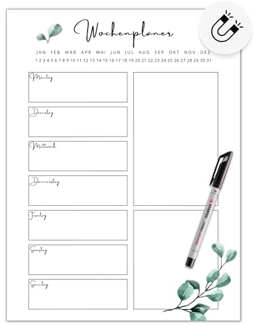 Magnetischer Wochenplaner/Menüplaner/Fitnessplaner (30 x 40 cm) inkl. Folienstift - rückstandslos abwischbar