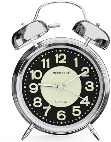 CHEREEKI Wecker Analog Ohne Ticken, Retro Doppelglockenwecker mit Naghlight und Grün Fluoreszierend Großes Zifferblatt, Wecker Laut für Tiefschläfer, Kinder, Senioren, Silber