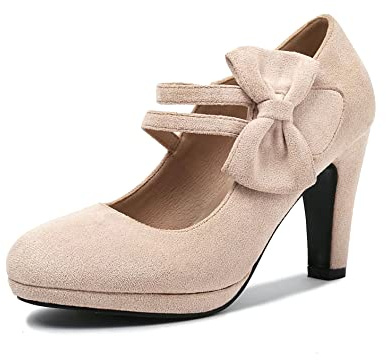 elerhythm Mary Jane Chaussures à talons pour femme avec nœud Style rétro fermé Bout rond Escarpins en daim Chic Nœud papillon Vintage Gatsby Chaussures, beige, 41 EU