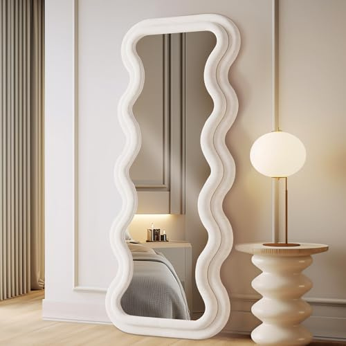 LunaMirror Specchio Ondulato, grande intero specchio da terra parete per tutto il corpo, specchio con cornice in legno avvolto in flanella, da appoggiare, da appendere o inclinare, bianco, 160x60 CM