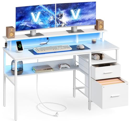 VASAGLE Schreibtisch mit Stoff-Schubladen, Computertisch mit Monitorständer, LED-Beleuchtung, 135 x 55 x 90 cm, eingebaute Steckdosen, 2 USB-A-Anschlüsse, für Homeoffice, ahornweiß LWD094W01