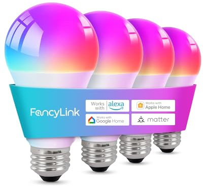 Fancylink Matter Smart Light Bulbs, A19 E26, RGBCW, Hub Required, 4 Pack