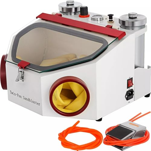 Dental Sandblaster with 2 Pen 2 Tank System LED Light Large Window Foot Pedal Control for Precision Abrasive Cleaning Etching Restorations in Dental Labs Clinics Jewelry and Industrial Applications