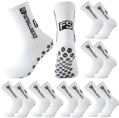 Yanrunce 3/4/5/6 Pairs FS Calzettoni Calcio Uomo, Football Socks, Grip Calze Antiscivolo Uomo, 39-46 Traspiranti Calzini Antiscivolo Calcio da Basket, Running, pallavolo (4, Blanc+Noir)