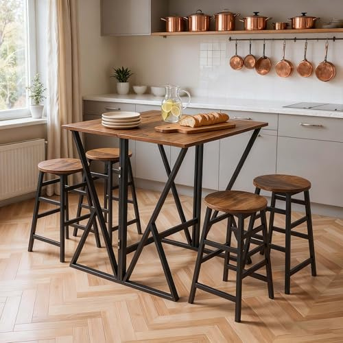 Warmiehomy Foldable Kitchen Breakfast Bar Table and Stools Set 4, Brown | Bar Table Set with 4 Stools, Space Saving Folding Table and Chairs Set 4 for Kitchen, Dining Room, Living Room, Patio, Bistro