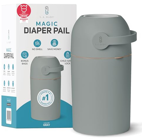 L.A. BABY Magic Diaper Pail - Patented 100% Odor-Free System with Child-Safe Lock - Award-Winning Design - No Refills Required - Works with Regular Trash Bags - Green