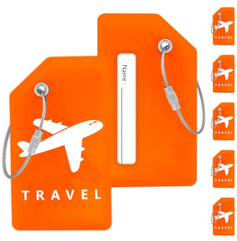 Teskyer 5 Pièces Etiquette Valise en Silicone - Durables, Souples, aide à l' Identification, avec Anneaux en Acier, Etiquette Bagage, Voyage Accessoires, Orange