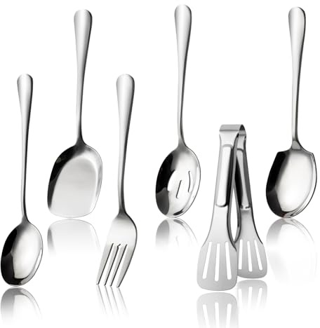 6-Pcs Stainless Steel Kitchen Utensils Set – Heat-Resistant Serving Spoon Set with 3-Wire Clip, Soup Ladle & Kitchen Tools for Cooking & Serving, for Serving Kitchen Cooking Restaurant Banquet
