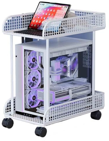 HAJHI Movible Soporte Pc Bajo Mesa Almacenamiento Portátil Impresora Soporte para Pc con Ruedas Rotación De 360° Carro para Pc para Cibercafés(25 * 45 * 55cm,White - Large Net)