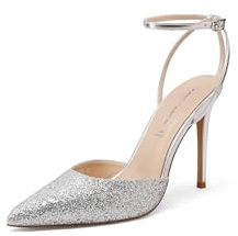 QUEEN HELENA Décolleté Donna Glitter con Cinturino alla Caviglia Tacco Alto K4531 (Argento, Sistema Taglie Calzature EU, Adulto, Donna, Numero, Media, 37)