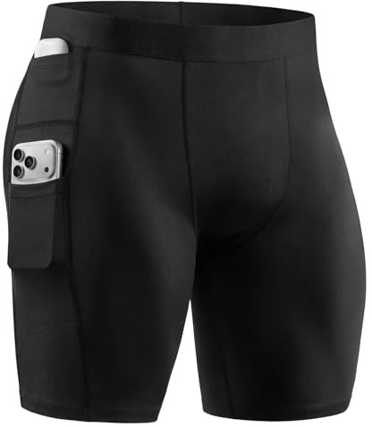 Tigersay Pantalones Cortos de Compresión Ropa Interior Funcional Hombre con Bolsillo Móvil y Auriculares, Secado Rápido Transpirable, Calzoncillos Deportivos Base Layer para Fitness Gimnasio Running