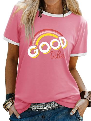 Yihelian T-shirt damer, sommartoppar, Good Vibes regnbågstryck, t-shirt, kortärmad, rund hals, ring, t-shirt, toppar,, 1-rosa, XXL