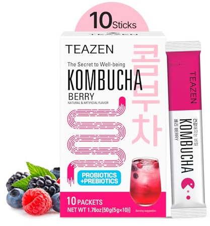 TEAZEN - Kombucha Berry – Boisson instantanée au thé probiotique – 10 sachets – Sans sucre, Végan, Faible en calories – Préparation pour boisson Coréenne avec prébiotiques