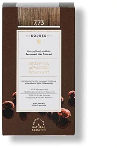 KORRES Argan Oil Colorant - tinte sin amoníaco con aceite de argán orgánico Moca Dorada 7.73-100% cobertura de canas & vegano para un resultado de color duradero