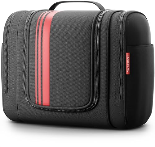 VanLindson Trousse de Toilette XXL Homme et Femme, 9L de Rangement, 3-en-1 Trousse de Voyage à Suspendre, Grande Trousse Maquillage Imperméable, Vanity, Noir/Rouge