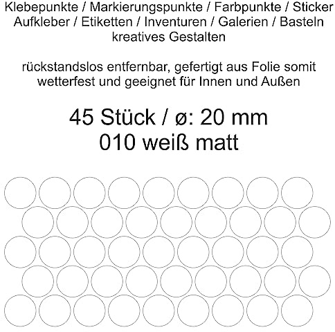 Aufkleber Etiketten Klebepunkte aus Folie 45 Stück weiß matt rund 20 mm selbstklebend farbig wetterfest Decal Markierungen Organisieren DIY basteln verzieren Modellbau Scrapbooking