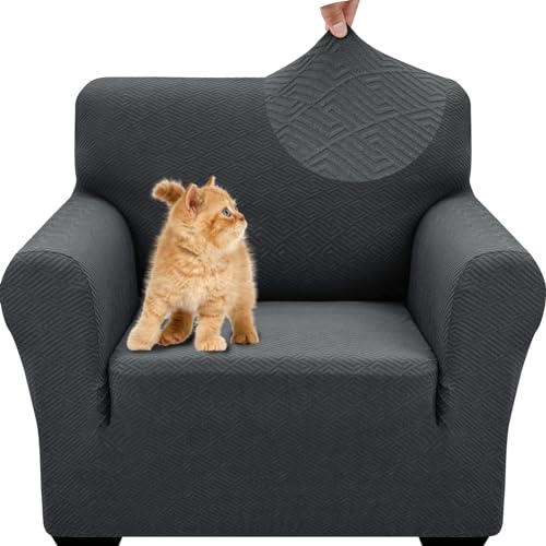 YSTELLAA Sofa Überzug 1 Sitzer, Stretch Sesselschoner, Sofaschoner rutschfest Mit Armlehne, Universal Sofabezug, Dicke Sofabezug Für Hunde Katzen Und Haustiere, Waschbare Sofa Cover, Dunkelgrau