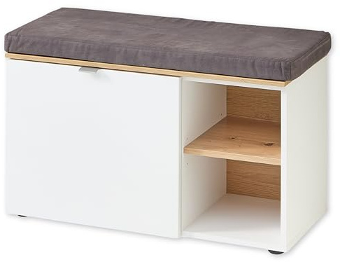 BARI Schuhbank in Weiß, Artisan Eiche Optik FSC-zertifiziert - Moderne Sitzbank mit Stauraum für Ihren Flur - 78 x 50 x 38 cm (B/H/T)