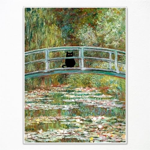 GAINOW Vintage Monet Seerosen-Katze-Leinwandkunst, berühmte Ölgemälde Monet schwarze Katze Poster, lustiger Blumendruck, ästhetische Raumdekoration für Schlafzimmer, Badezimmer 30x40cm ungerahmt
