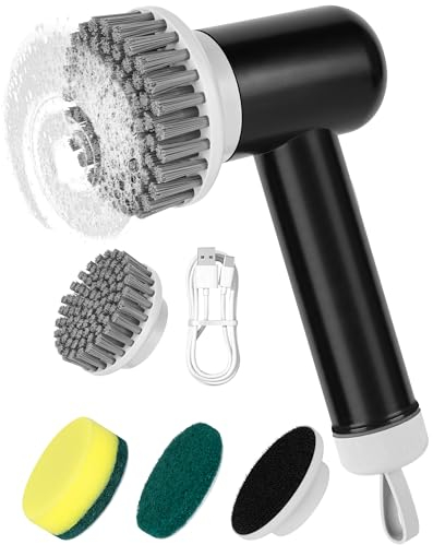 Electric Cleaning Brush, Cordless Electric Scrubber with 3 Replaceable Brushes, Waterproof Electric Spin Scrubber for Cleaning Bathroom, Kitchen, Floor, Rechargeable Power Scrubber, Black