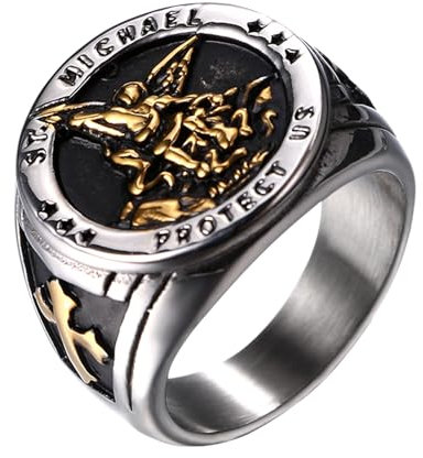 JewelryWe Heiliger Michael Ring Herren: Gold Silber Edelstahl Herren-Ring Erzengel St. Michael Amulett Kreuz Schutzpatron Siegelring Retro Band Bandring Christliche Religiöse Schmuck Geschenk Größe 62