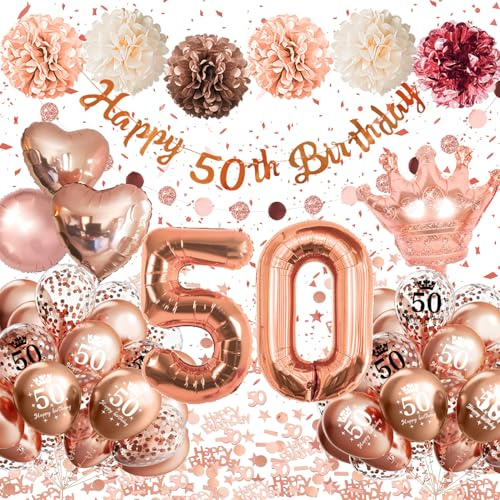50 Anni Compleanno Donna,Palloncini 50 Anni Compleanno Oro Rosa, Decorazioni Compleanno 50 Anni con Palloncini Cuori e Corone, Striscione Happy 50th Birthday, Pompon di Carta, Decorazioni Festa Donna
