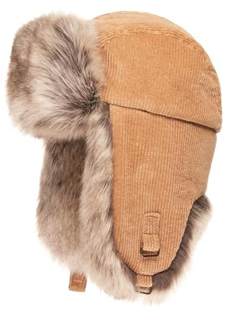 Futrzane Trappermütze aus Cord - Ushanka Damen - Winter Mütze mit Ohrenklappen (L, Beige - Beige Siberian)