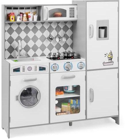 GYMAX Set da Cucina Giocattolo per Bambini, Gioco da Cucina con Luci e Suoni Realistici, Macchina del Ghiaccio, Fornelli, Lavello, Forno, Microonde, Lavatrice, per Bambini 3+ Anni