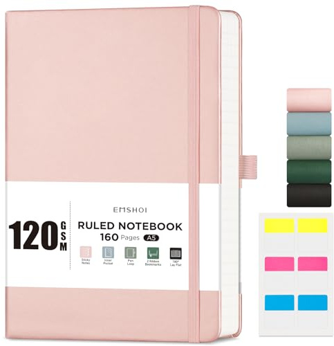 EMSHOI A5 Notebook, Hardcover Lined Journal, 160 Pages, 120GSM, Rose Gold