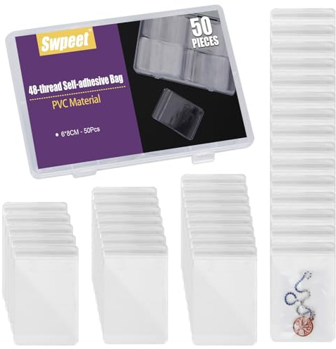 Swpeet 50 bolsas de joyería de PVC transparente de 2.36 x 3.2 pulgadas de grosor, organizador de joyas portátil autoadhesivo, bolsas de almacenamiento de joyas de plástico, bolsas transparentes con
