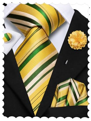 Hi-Tie Ensemble de cravate en soie, carré de poche et boutons de manchette avec épingle de revers en Jacquard pour mariage et affaire - Cravate de mariage pour homme pour usage formel, Jaune/vert, M