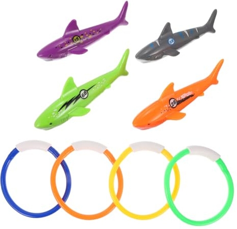 Alasum 8 Pcs Pool Diving with Soft Rings and Shark Figures Smooth Edges Underwater Swim Training for Summer Water Fun and Diving Practice