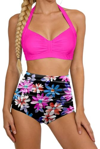 Maillot De Bain 2 Pièces Femme Push Up Sexy Grande Taille a la Mode Maillot De Bain Culotte Femme Gainant Ventre Plat Fleurie Piscine Natation Sport Océan Plage (XXL)