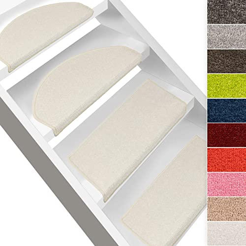 casa pura 15x Treppenstufen Matten, Stufenmatte innen für Treppe, Dynasty Velours Treppenteppich selbstklebend, Teppich für Treppenstufen (halbrund, Creme)