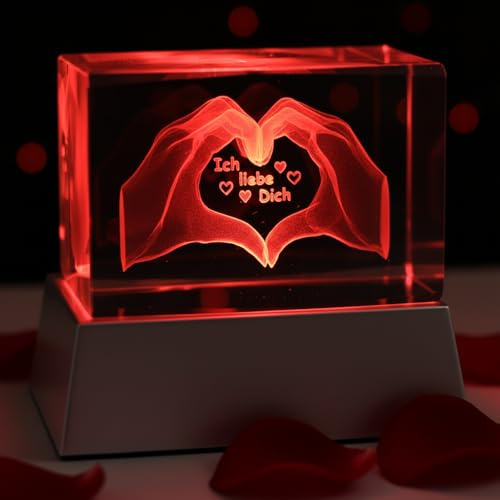Kaltner Präsente® 3D Kristallglas mit LED Licht – Ich liebe Dich – Lasergravur Glasquader mit Farbwechsel-Leuchtsockel – romantisches Geschenk für Freundin, Frau, Mutter – Deko Licht & Stimmungslicht