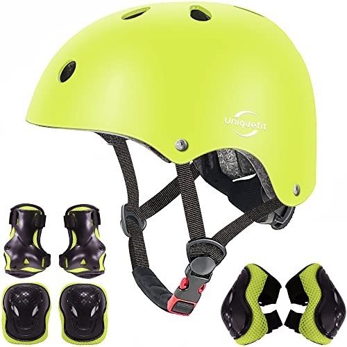 Casque réglable pour Enfants et équipement de Protection Ensemble genouillères coudières protège-Poignets (Green, S(3-8 Years Old))