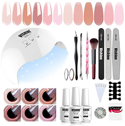 Vishine Kit de 40W UV LED Lampe Vernis Semi Permanent Lot 6 Vernis à ongles Nude Naturelle Jelly Transparent Gel Soak Off Base Top Coat Brosse Strass Décor Nail Outils Nail Art Kit Manucure C079