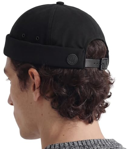UNDERCONTROL Vintage Brimless Sailor Fisherman Leon Hat Rolled Cuff Harbour No Visor Miki Skull Docker Leather Strap Beanie Cap for Men & Women - Made in Korea - (Black)